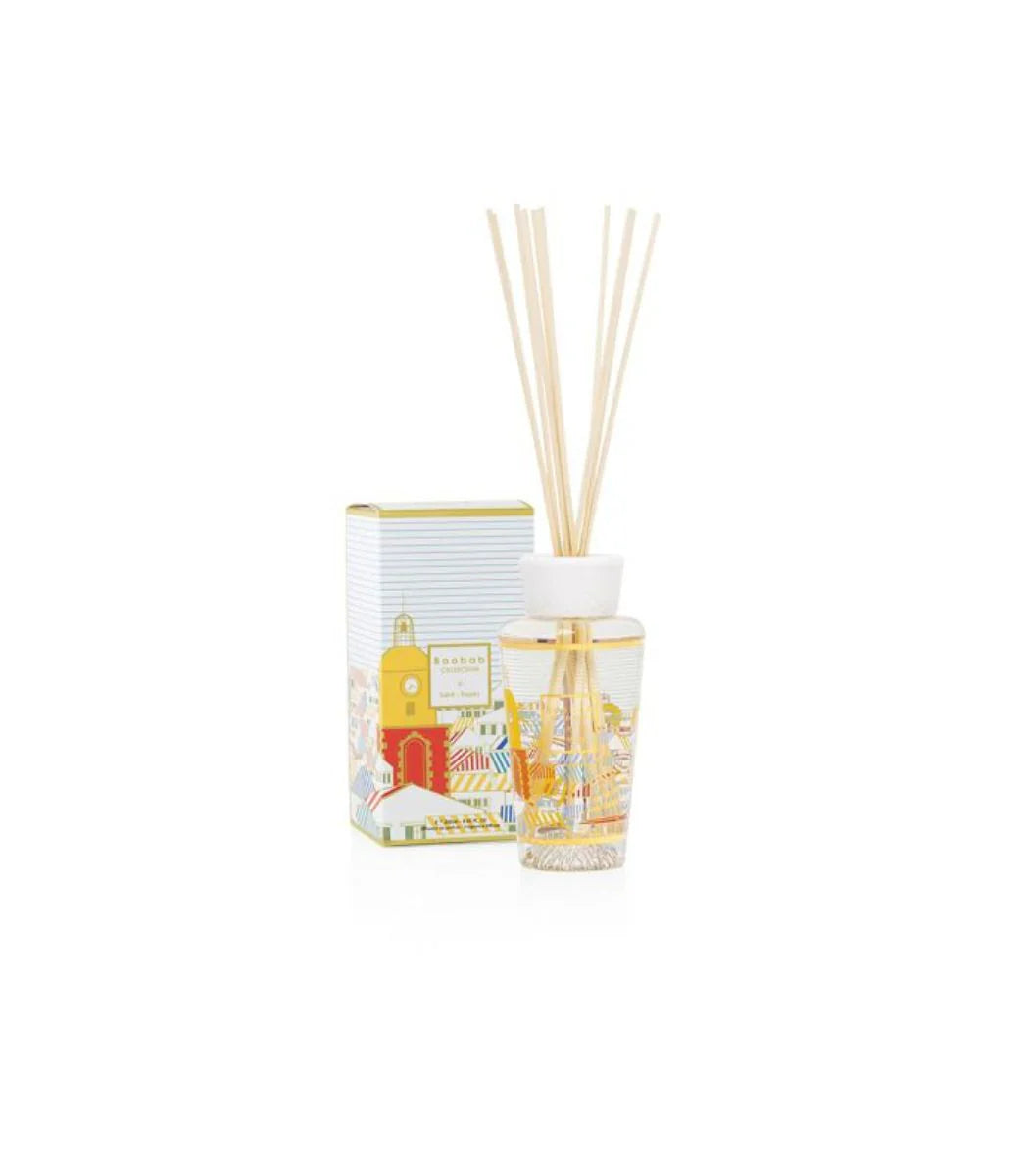 Baobab Collection My First Baobab diffuser showcasing colorful design and gourmet mint-blackcurrant scent in elegant packaging.