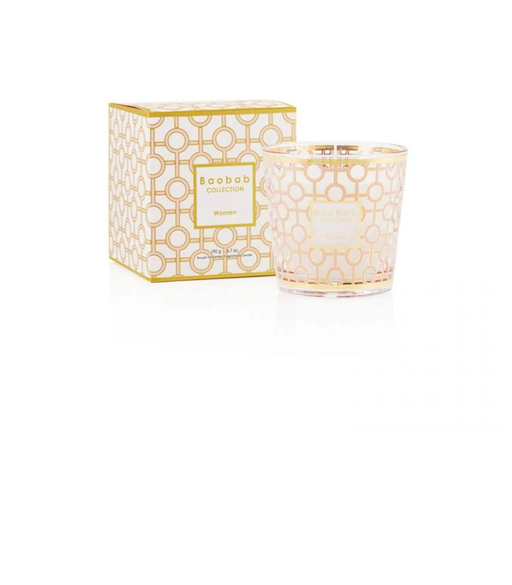 Baobab Collection Women Candle in decorated glass holder with gold and powder pink design, rose scented gift.