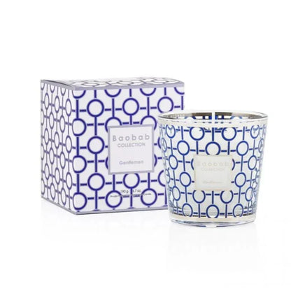 Baobab Collection scented candle for men, glass with platinum and ultramarine design, with rum and saffron fragrance.