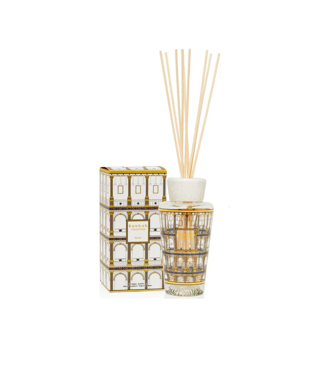 Baobab Collection My First Baobab Roma diffuser in a decorative glass with reed sticks and elegant packaging.