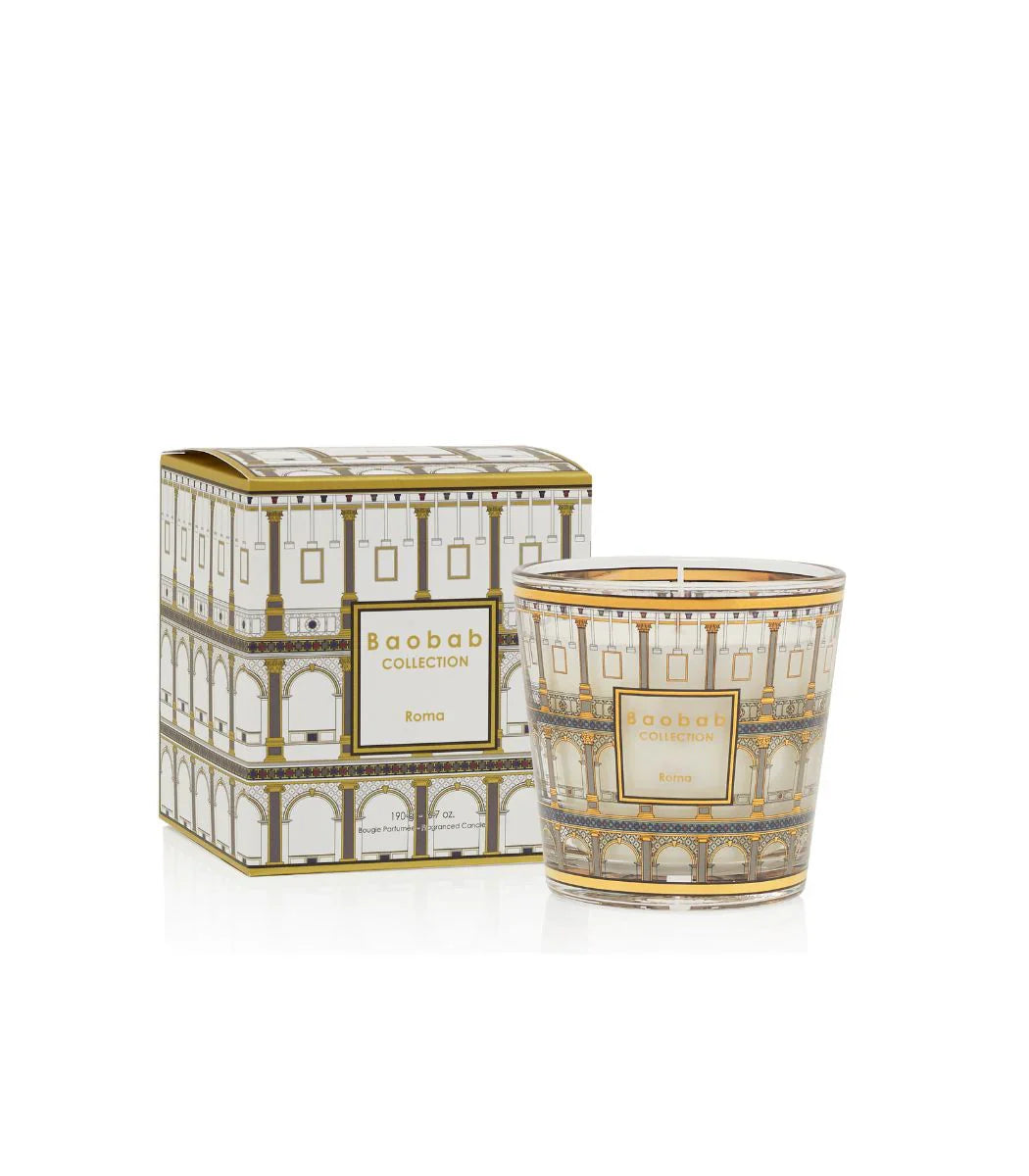 Baobab Collection scented candle Roma, adorned with gold and colorful silkscreen inspired by Colosseum architecture.
