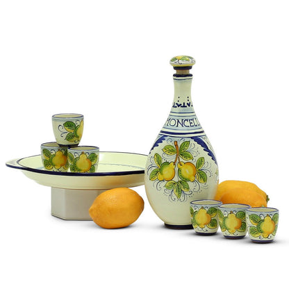 LIMONCELLO: Limoncello Set with Blue trimmings - Bottle with stopper and Tray and 6 Shot Glasses -  (Limocello liquor not included)