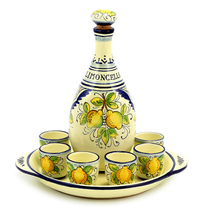 LIMONCELLO: Limoncello Set with Blue trimmings - Bottle with stopper and Tray and 6 Shot Glasses -  (Limocello liquor not included)
