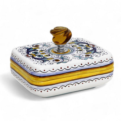 JEWERLY BOX: Authentic Deruta Keepsake Rectangular Box with Murano Knob - RICCO DERUTA design