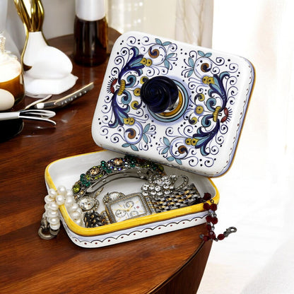 JEWERLY BOX: Authentic Deruta Keepsake Rectangular Box with Murano Knob - RICCO DERUTA design