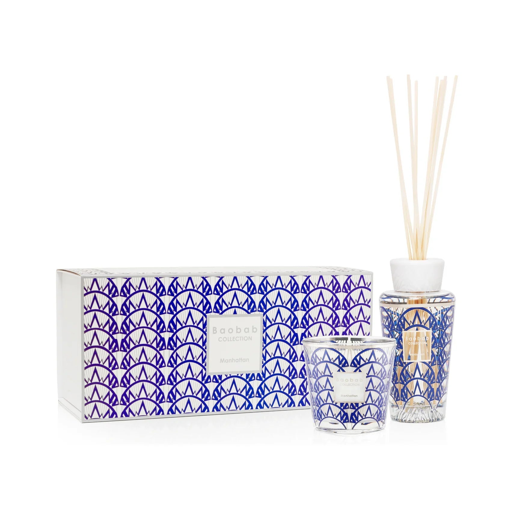 Baobab Collection gift box featuring Manhattan scented candle and diffuser with navy blue silk-screened design.