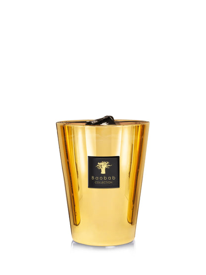 Baobab Collection Aurum candle in gold glass with logo, depicting luxury home decor and enchanting scent.