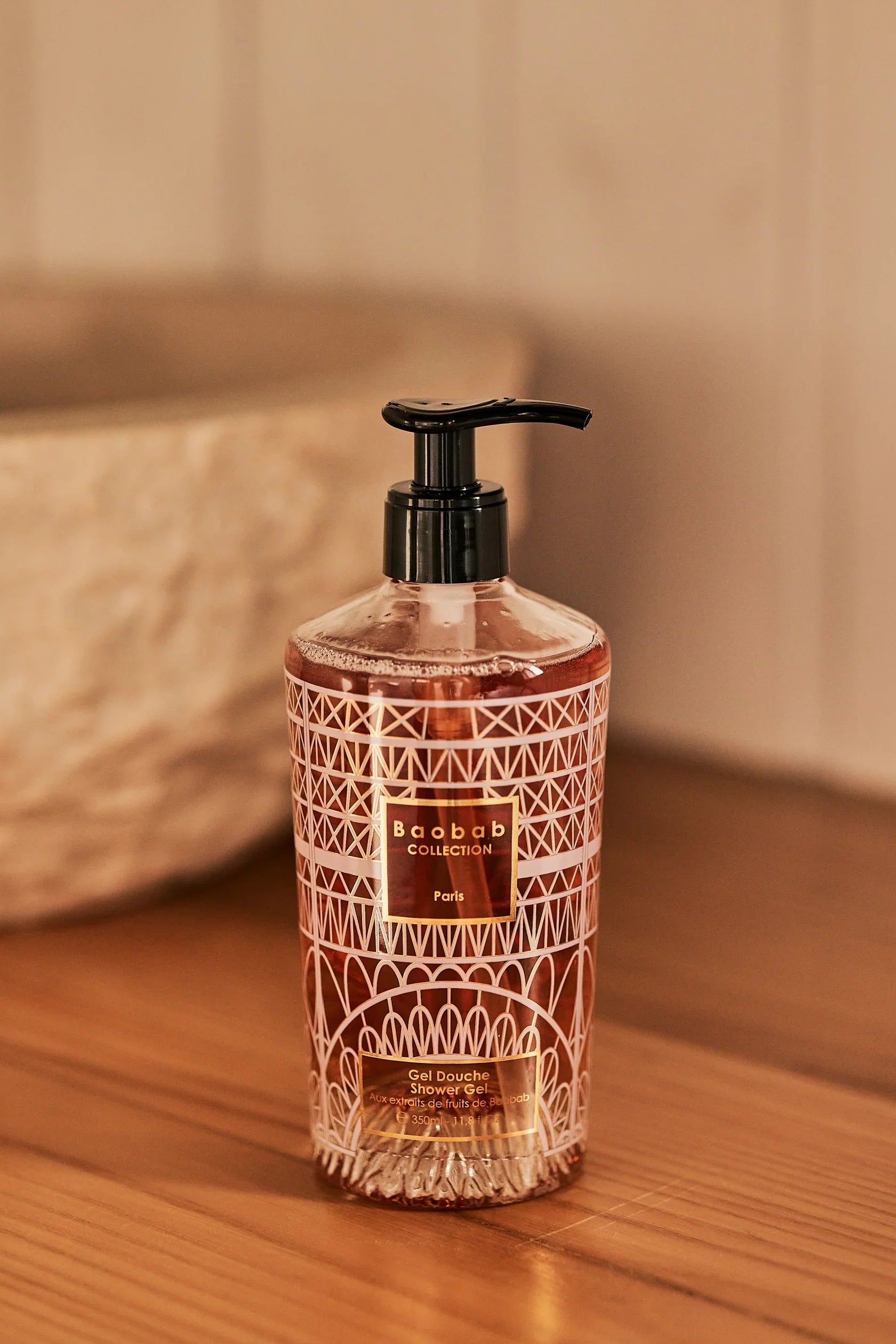 Baobab Collection 350ml hand wash gel in a decorative bottle, featuring a floral scent and gold silk-screen design.