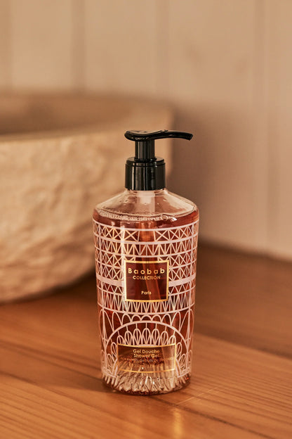 Baobab Collection 350ml hand wash gel in a decorative bottle, featuring a floral scent and gold silk-screen design.