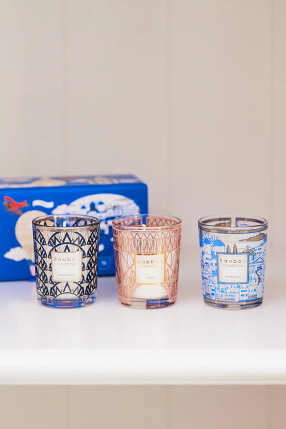 Baobab Collection Trio Candles in blue Mykonos box featuring Manhattan, Paris, and Mykonos scents.