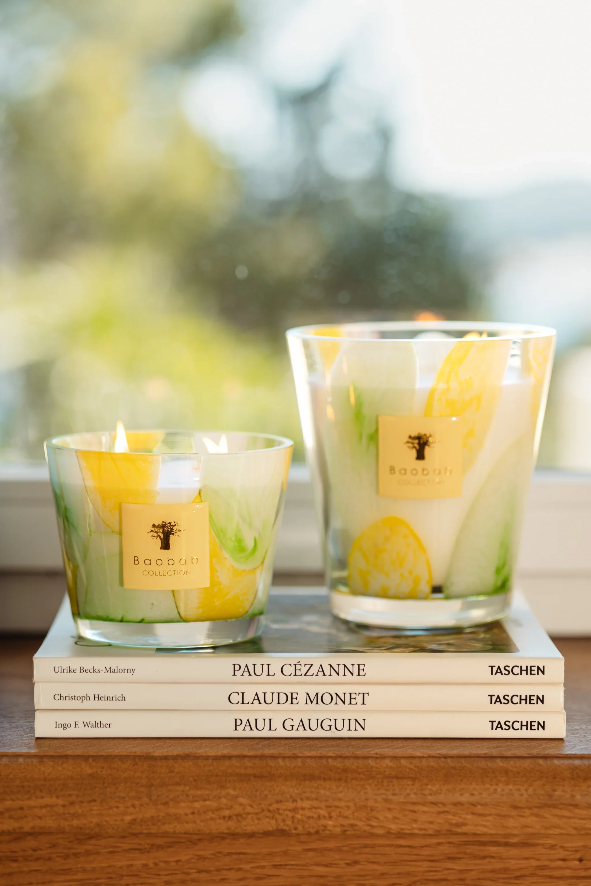 Baobab Collection scented candles in vibrant glass, displayed on books, showcasing organic shapes and colors.