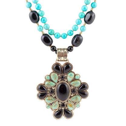 Barcelona Blue Turquoise and Black Onyx Golden Statement Necklace Barse Jewelry