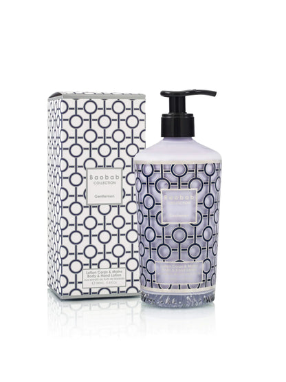 Baobab Collection Gentlemen body and hand lotion 350ml with elegant navy and platinum design, perfect bathroom decor.