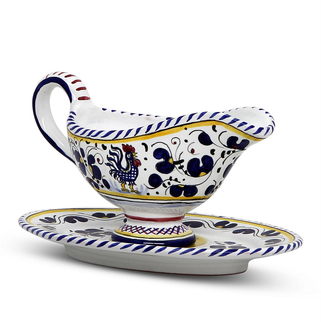 ORVIETO BLUE ROOSTER: Gravy Sauce Boat with Tray