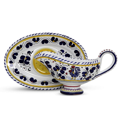 ORVIETO BLUE ROOSTER: Gravy Sauce Boat with Tray