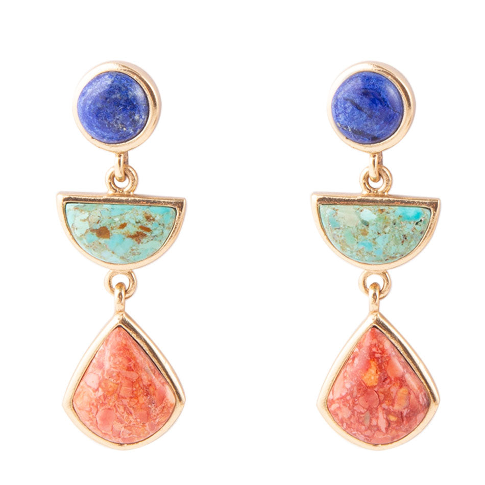 Blue Lapis Turquoise and Orange Sponge Coral Colorful Golden Drop Earrings Barse Jewelry