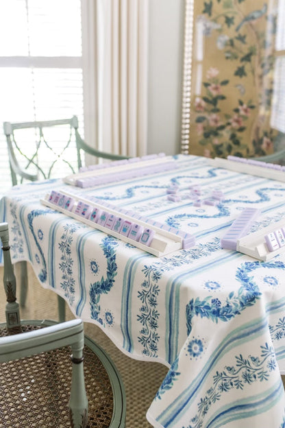 Scalloped Square Table Topper | Boxwood Garden - Delft Blue