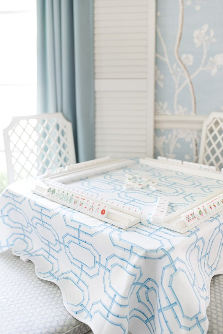 Scalloped Square Table Topper | Sky Blue Bamboo Chain