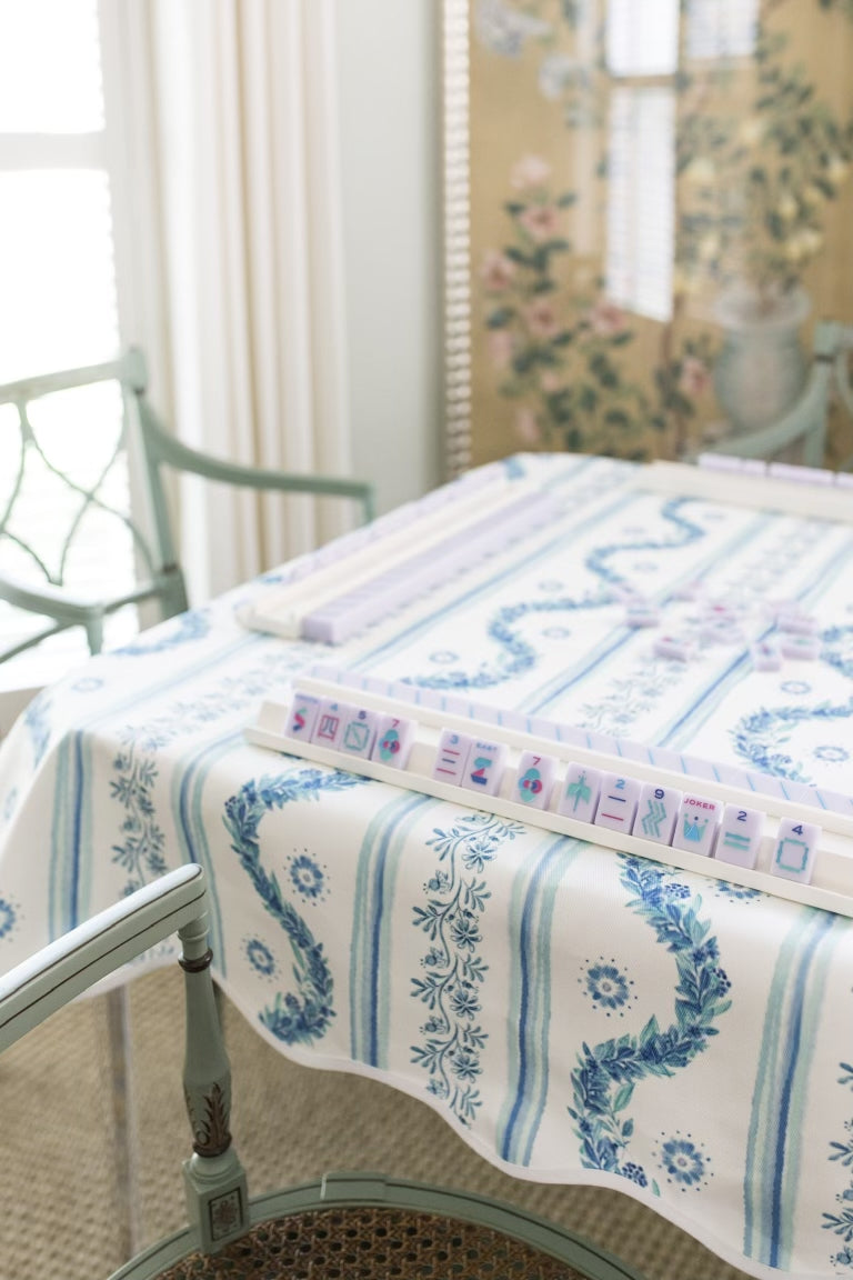 Scalloped Square Table Topper | Boxwood Garden - Delft Blue