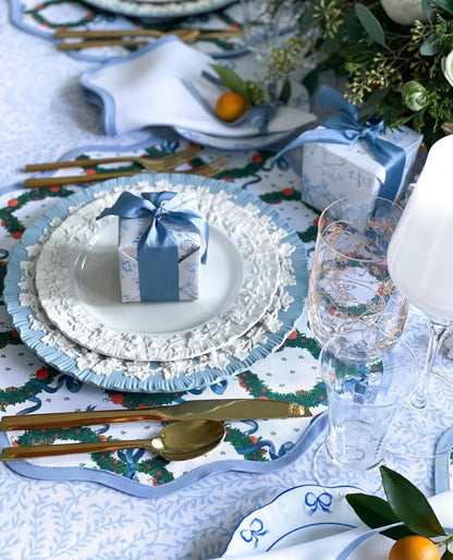 Round Scalloped Placemat | Holiday Wreath - Cornflower Blue