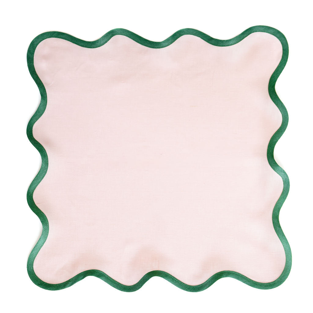 Linen Scalloped Square | Peony Pink with Pine Green