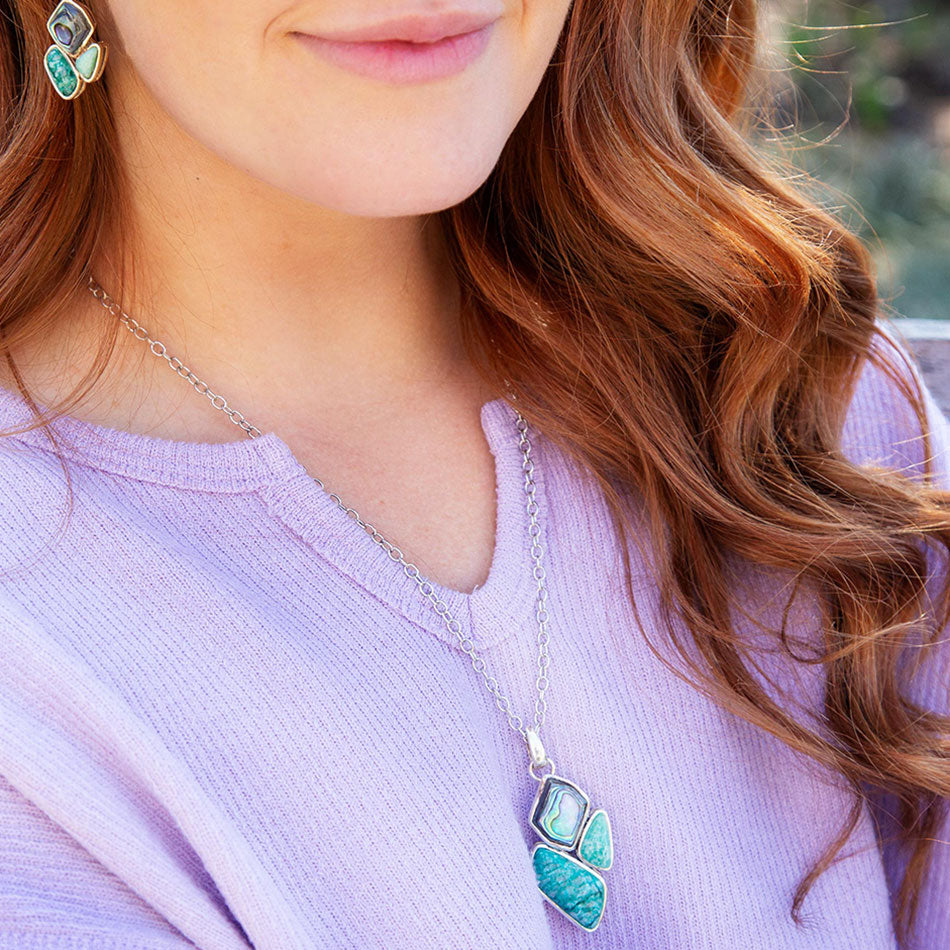 Blue Abalone Fire Sterling Silver Cluster Pendant Necklace Barse Jewelry