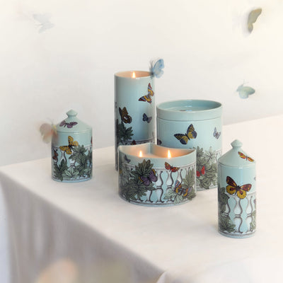 Fornasetti NEL MENTRE Tall Candle – Farfalle e Balaustra, Giardino Segreto