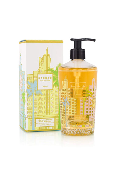 Baobab Collection Miami hand wash gel 350ml in decorative glass with pastel print and yellow gel texture.