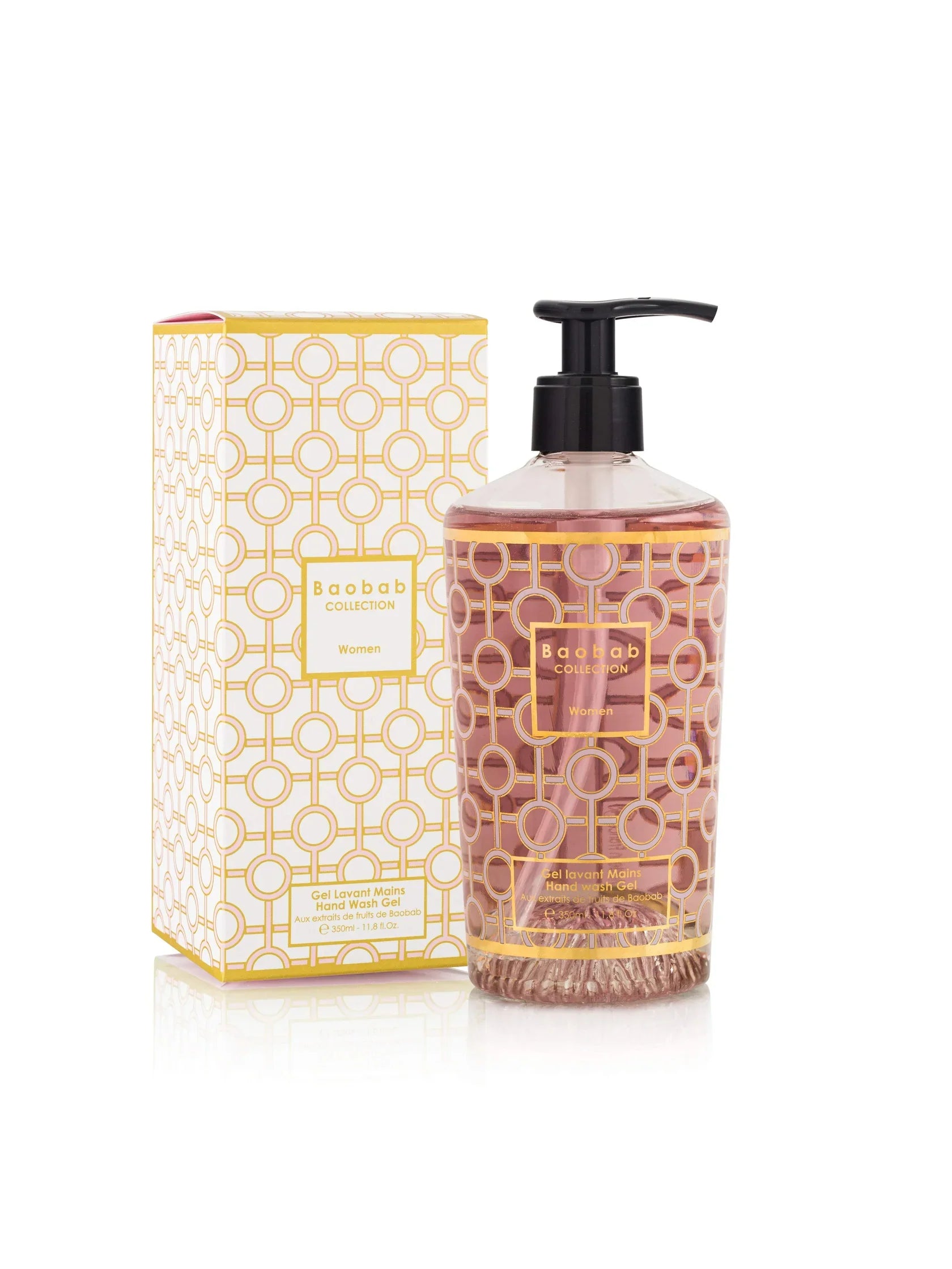 Baobab Collection women hand wash gel 350ml in decorative gold and pink packaging, moisturizing formula, stylish bathroom accessory.