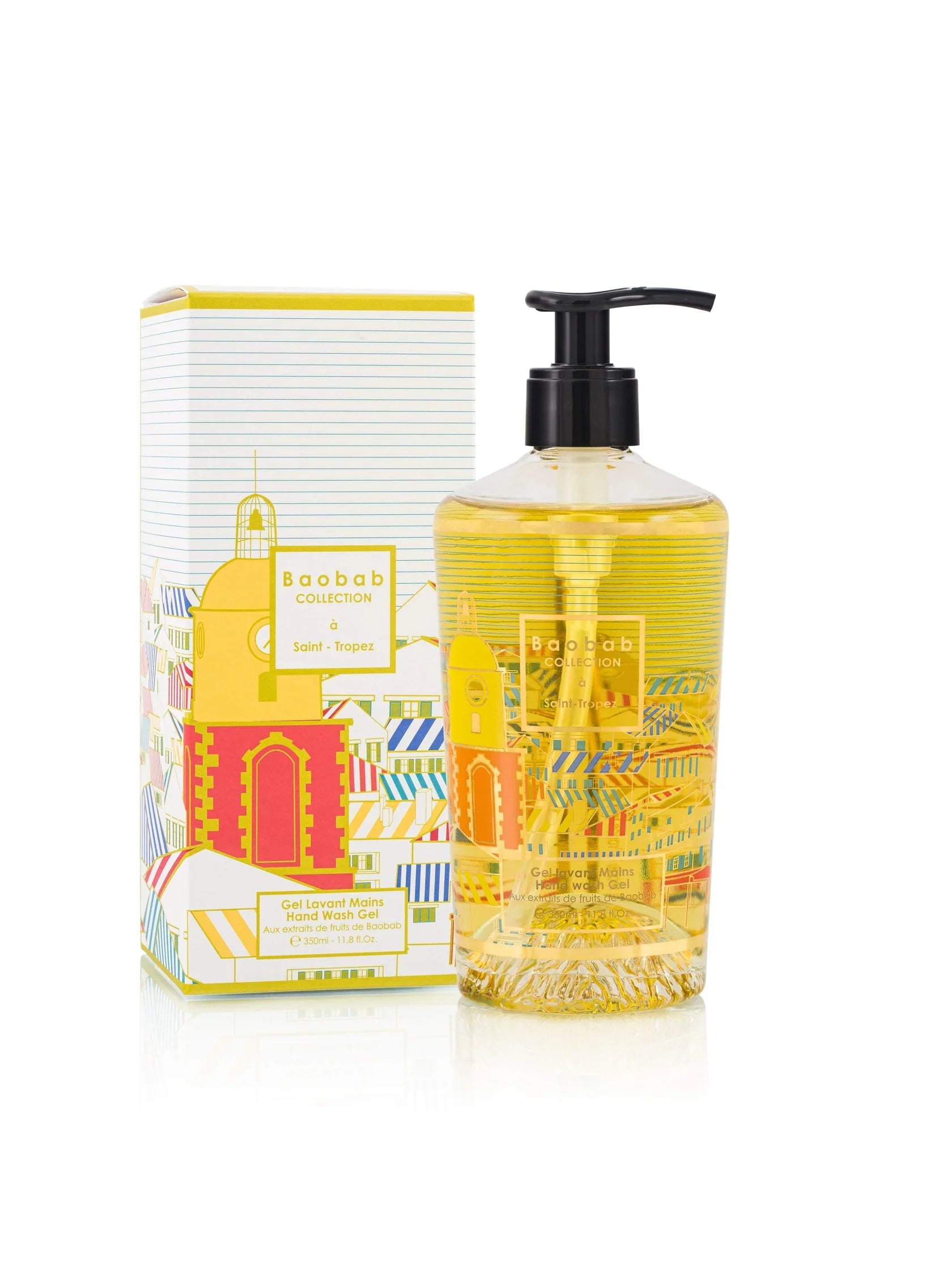 Baobab Collection hand wash gel 350ml with yellow gel and decorative Saint-Tropez design packaging.