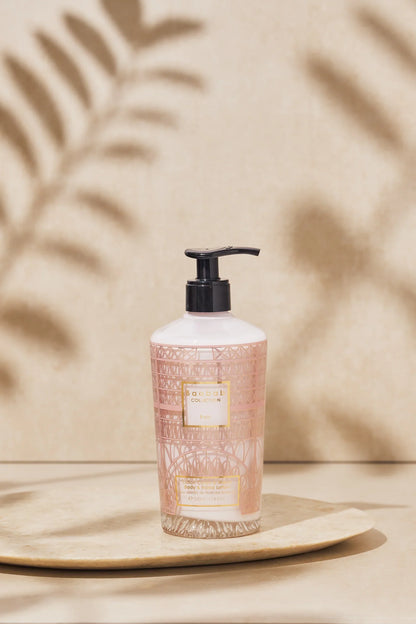 Baobab Collection Paris hand and body lotion 350ml in decorative bottle with gold design on beige background.