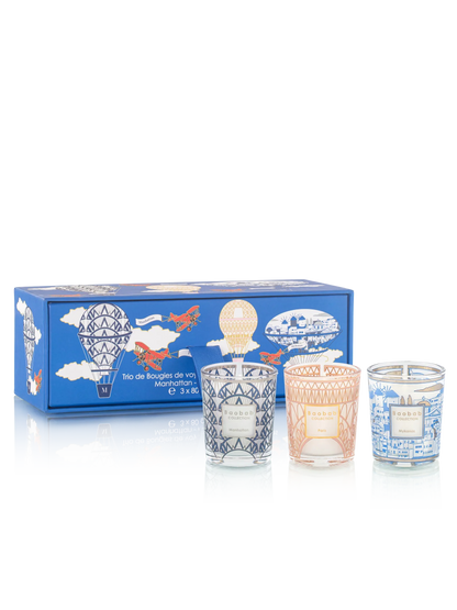 Baobab Collection Trio Travel Candles Manhattan, Paris, Mykonos in decorative packaging with vibrant colors.