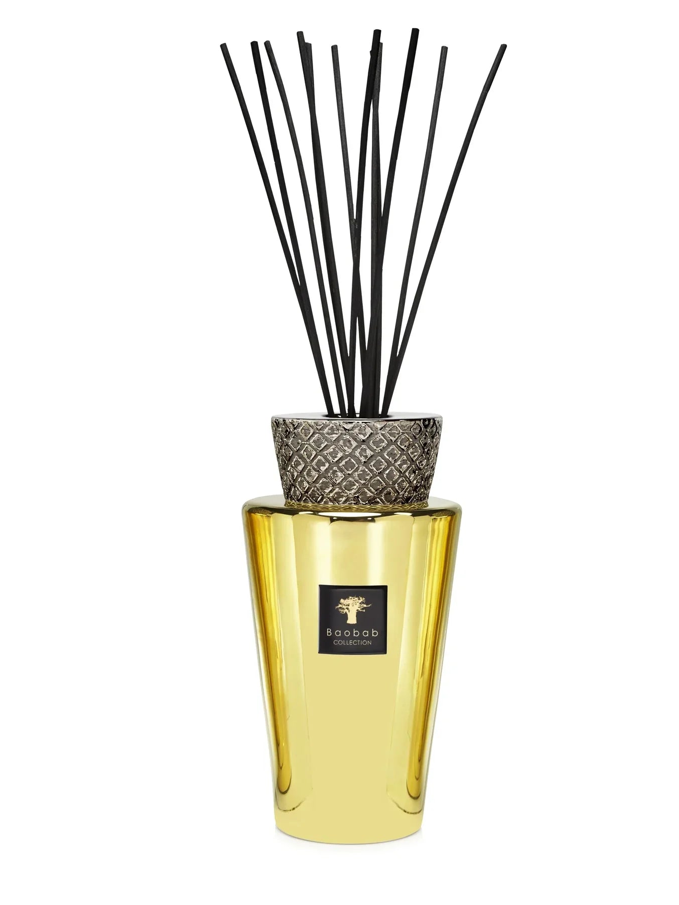 Baobab Collection's Totem Aurum fragrance diffuser with gold vase and ceramic cap, featuring black sticks for home decor.