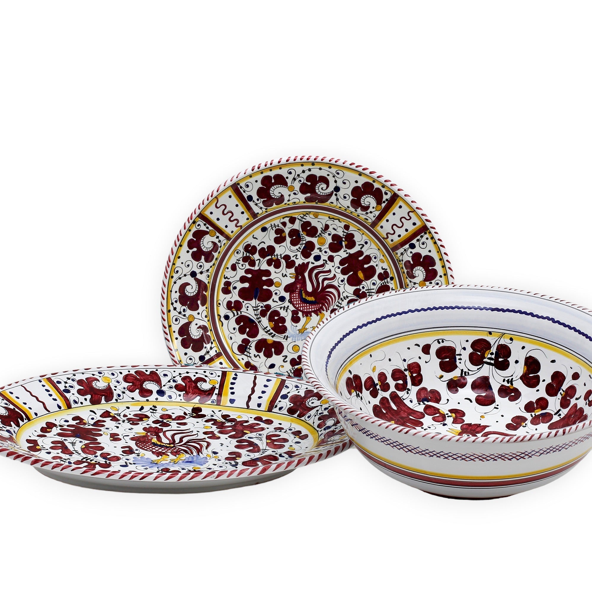 ORVIETO RED ROOSTER: Serving Set Charger + Salad Pasta Bowl + Oval Platter