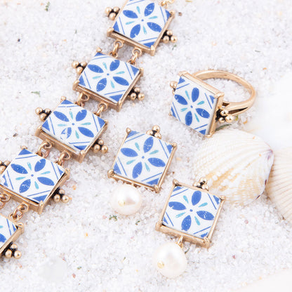 Santorini Dreams Tile Freshwater White Pearl Post Golden Earrings Barse Jewelry