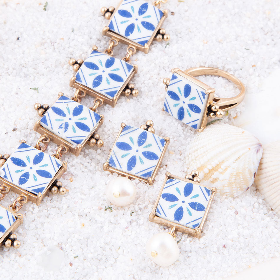 Santorini Dreams Tile Freshwater White Pearl Post Golden Earrings Barse Jewelry