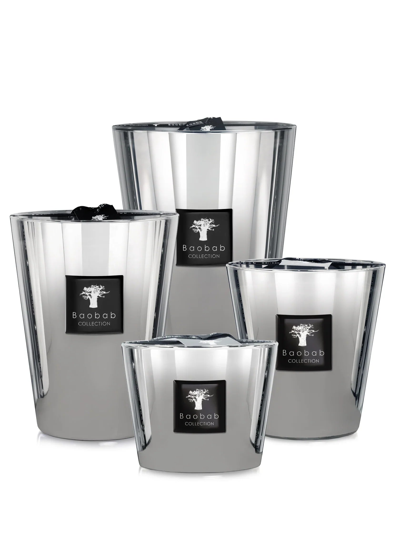 Baobab Collection Platinum scented candles in various sizes, showcasing elegance and sophistication.