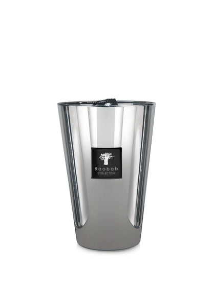 Baobab Collection Platinum candle in a sleek silver container, elegant design with flickering flame.