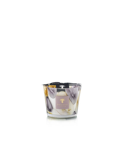 Baobab Collection Eilenroc scented candle in glass with mauve and saffron yellow design, elegant home decor.