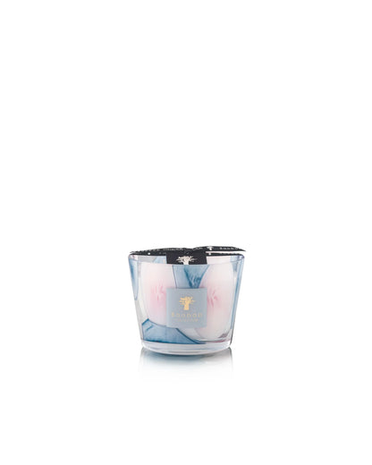 Baobab Collection Riviera Leopolda scented candle in a transparent glass with pink and blue bubble patterns.