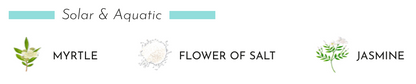 Graphic showing 'Solar & Aquatic' fragrance notes: Myrtle, Flower of Salt, and Jasmine with illustrations.