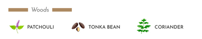 Icons representing patchouli, tonka bean, and coriander for Baobab Collection diffuser.
