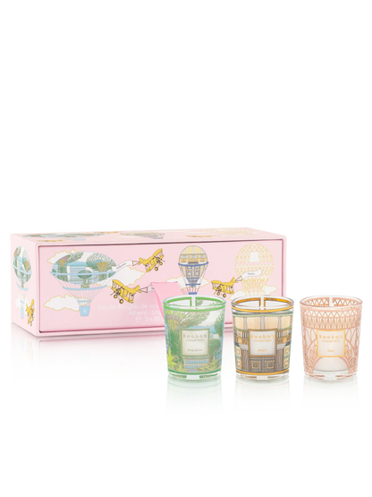 Baobab Collection TRIO Travel Candles in pink box featuring Singapore, Athens, and Paris fragrances.