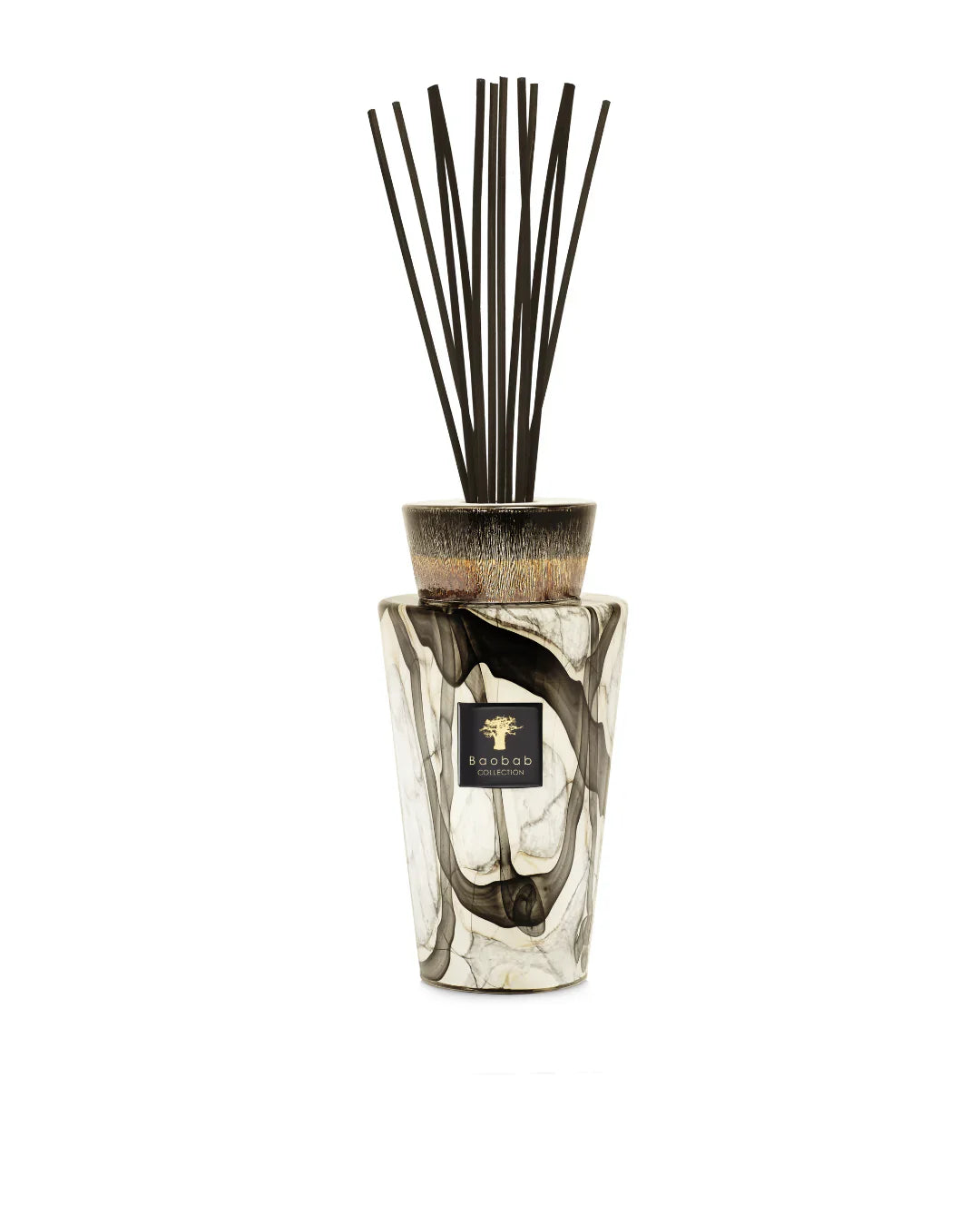 Baobab Collection Totem Stones Marble diffuser with black and silver accents, includes sticks for elegant fragrance.