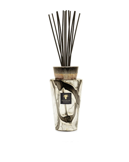 Baobab Collection Totem Stones Marble diffuser with black and silver accents, includes sticks for elegant fragrance.