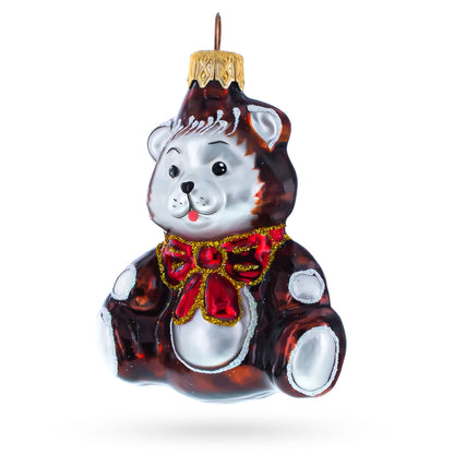 Teddy Bear with Red Bow Glass Christmas Ornament
