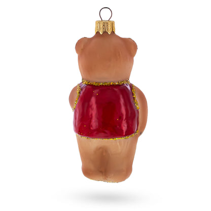Brown Bear with Red Vest Glass Christmas Ornament