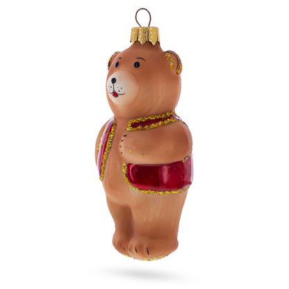 Brown Bear with Red Vest Glass Christmas Ornament