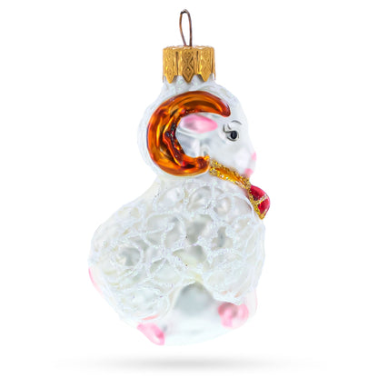 White Ram with Red Bell Glass Christmas Ornament