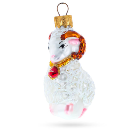 White Ram with Red Bell Glass Christmas Ornament